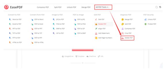 Step 1. Go to EasePDF's homepage, and click "Delete PDF"
